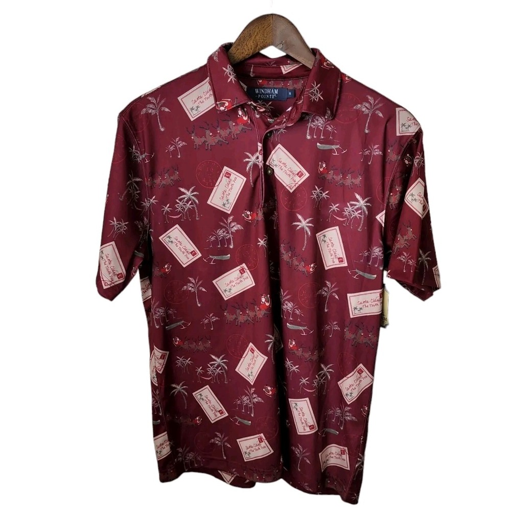 Windham Pointe Button Up Santa Clause Postcards Shirt S North Pole Palm Trees